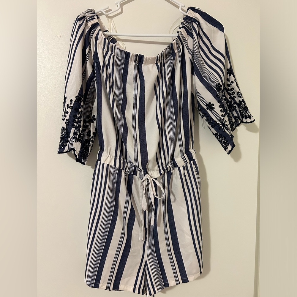 Off the shoulder blue and white striped romper